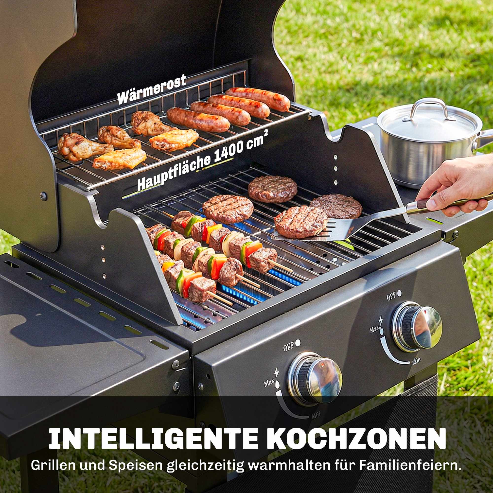 Propangasgrill med 2 brännare, fällbara hyllor, svart