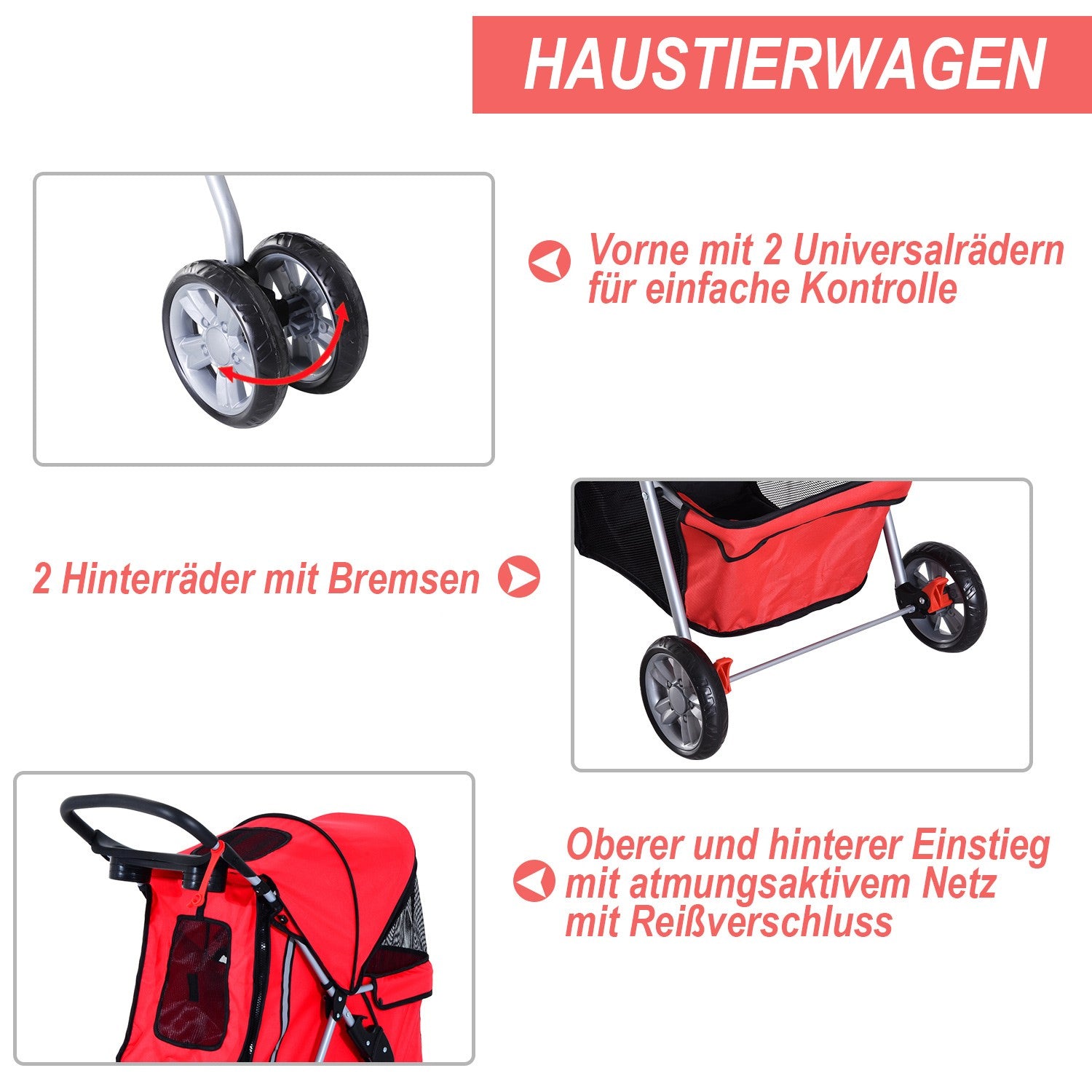 Röd hundvagn – Lätt, hopfällbar, Jogger Style