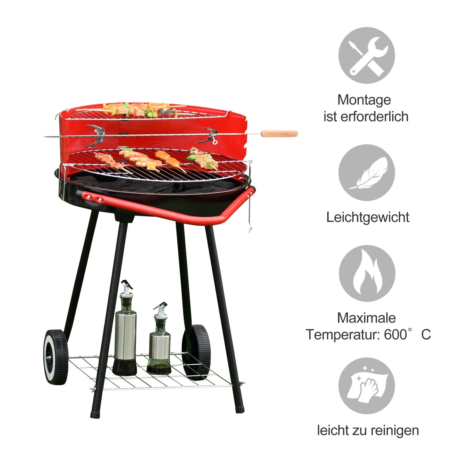 Röd metall kolgrill med hjul, 51x70x75,5cm