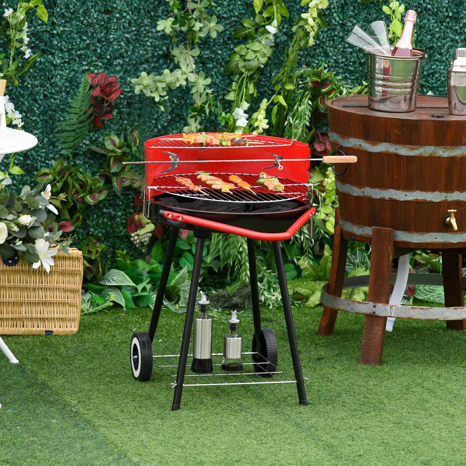 Röd metall kolgrill med hjul, 51x70x75,5cm