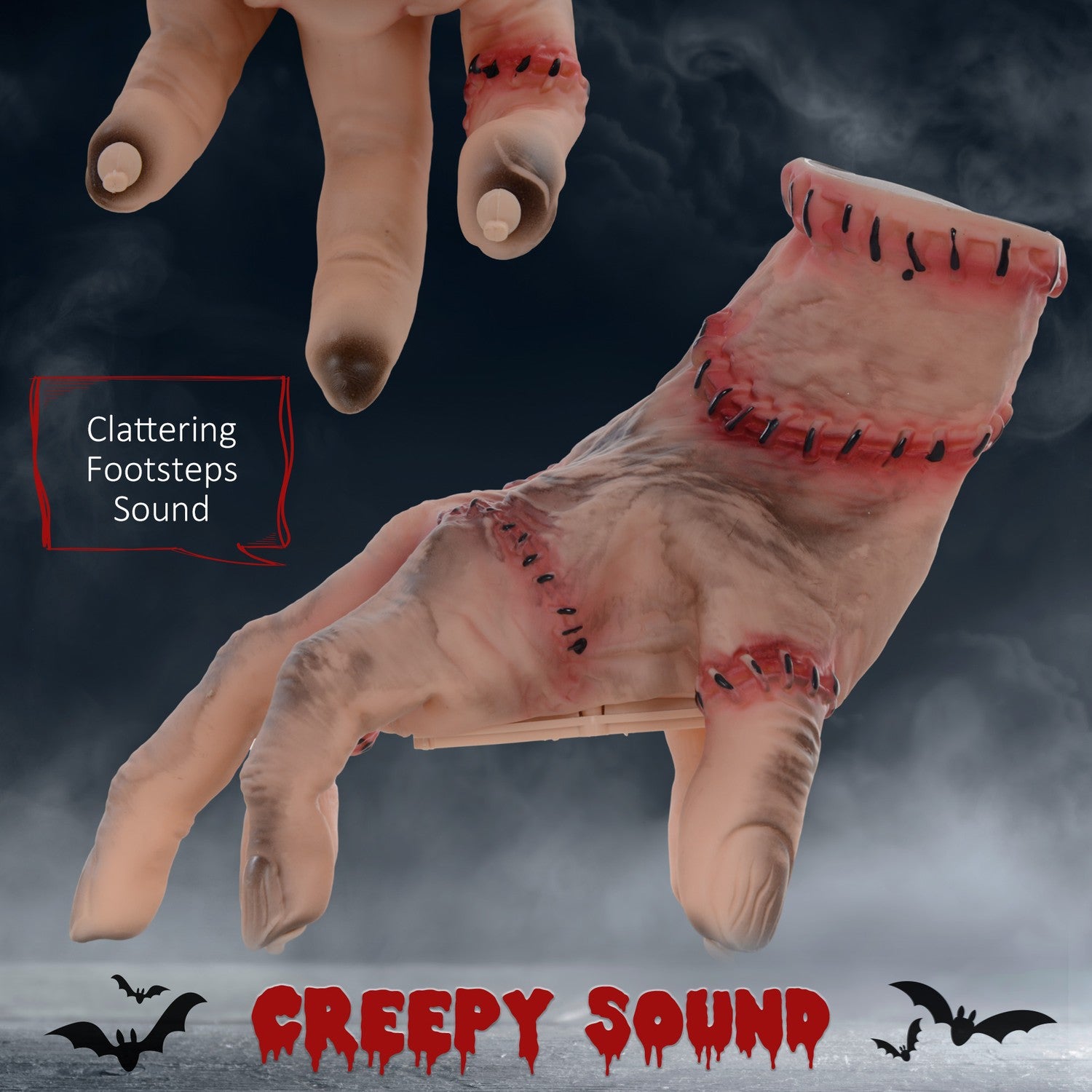 Realistická halloweenská rekvizita ruky Scar, 21 cm, s pohyblivými funkcemi a zvukem