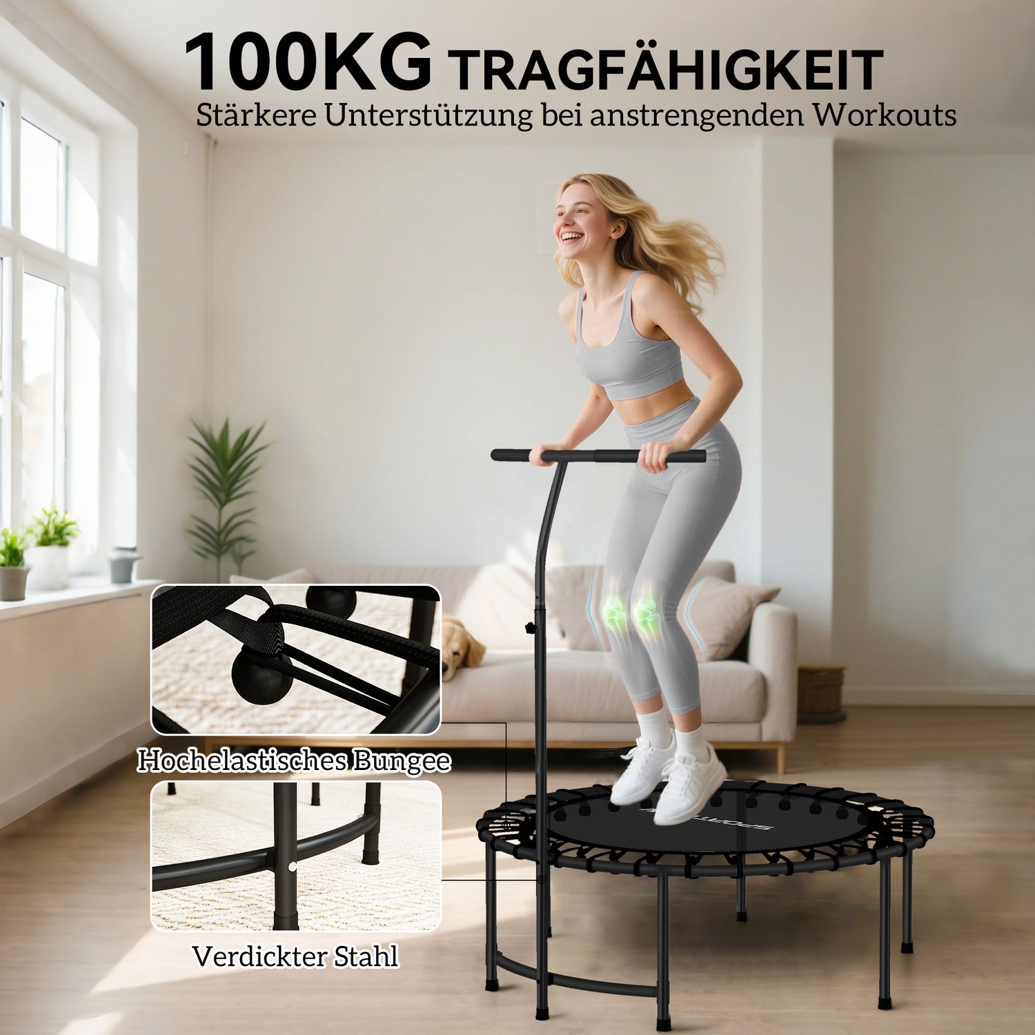 Rebounder-trampolin, justerbart handtag, svart