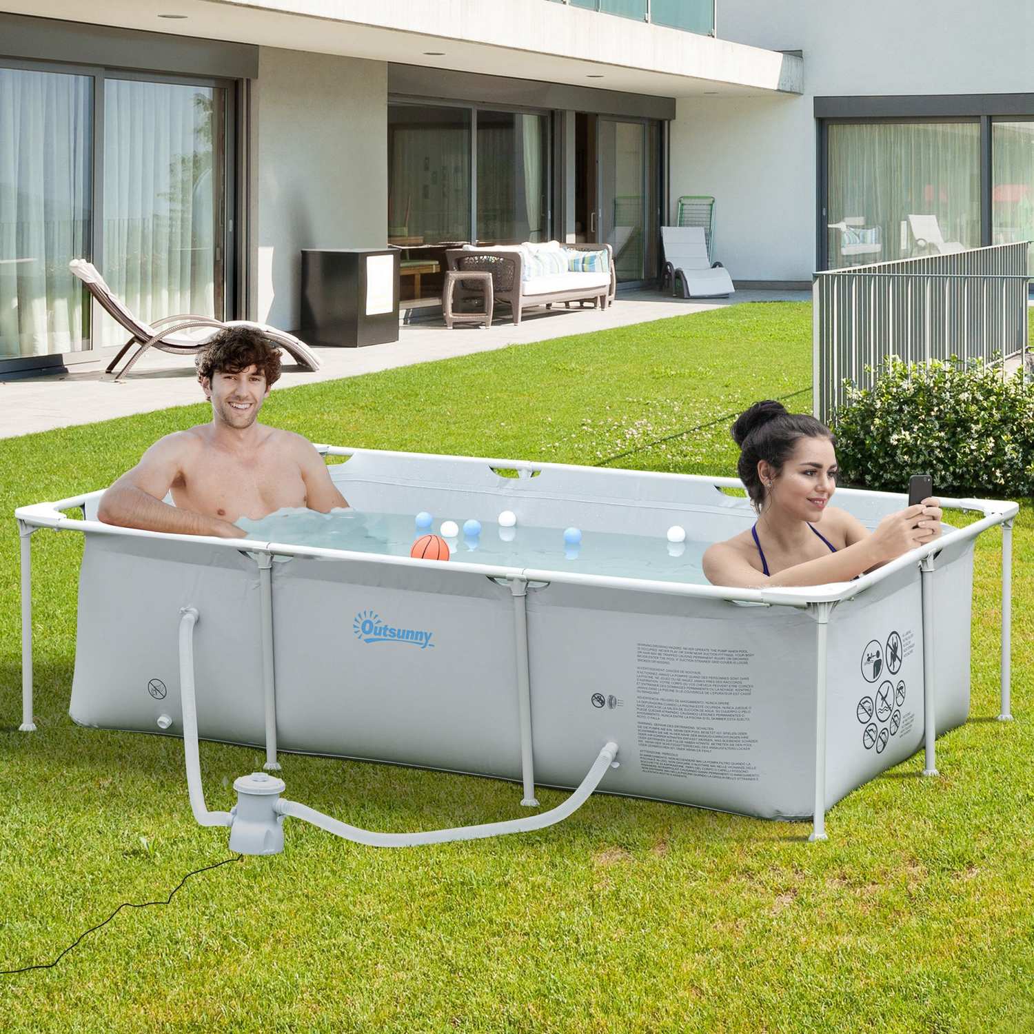 Rektangulär stålramspool med slang och ventil, 252x152x65cm