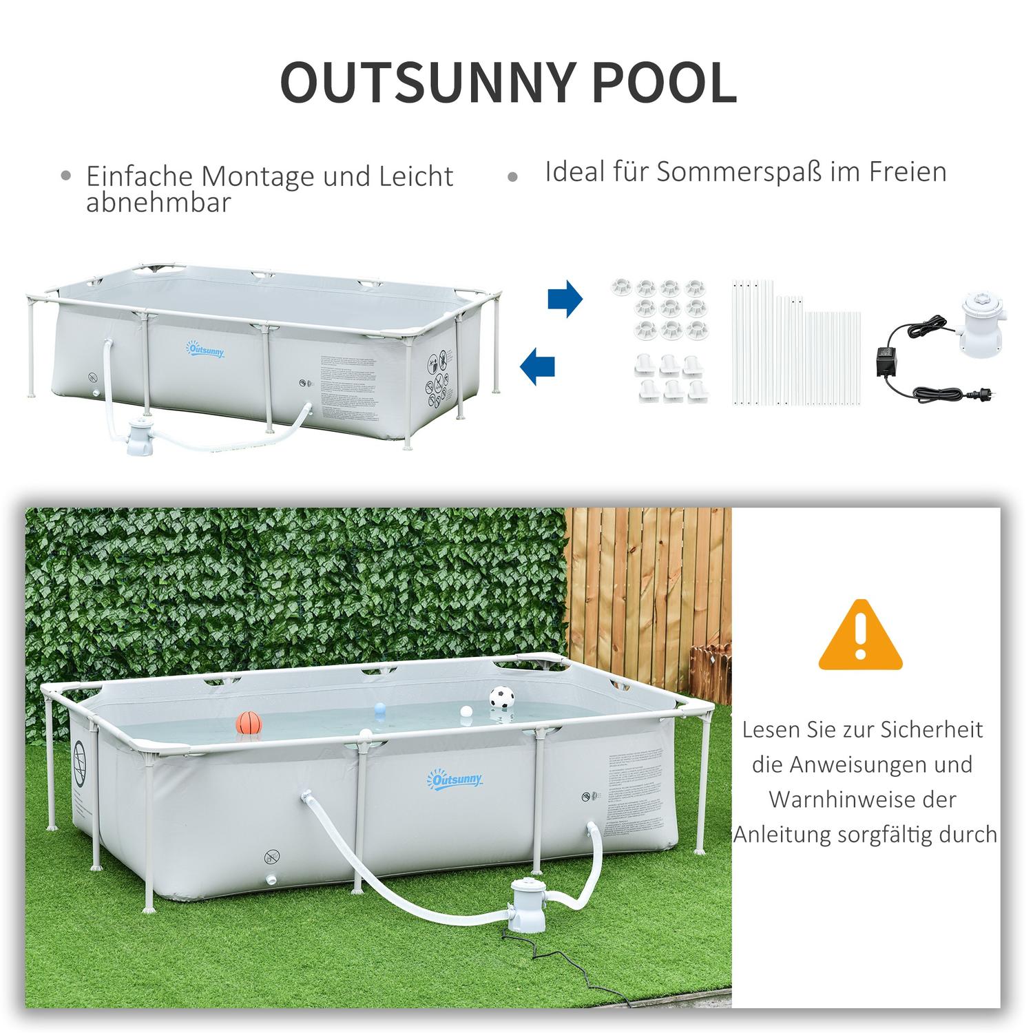 Rektangulär stålramspool med slang och ventil, 252x152x65cm