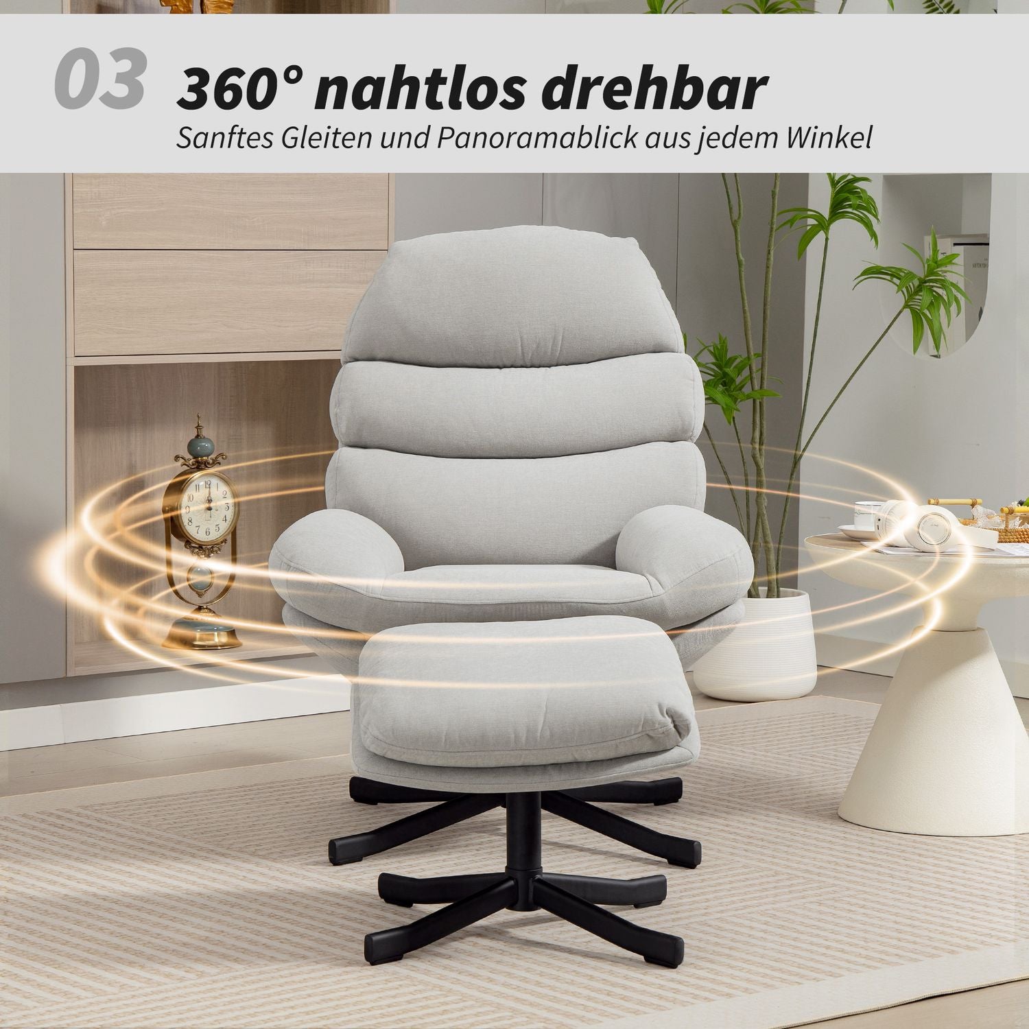 Relaxfåtölj med fotpall, chenilletyg, krämfärgad, 360 graders snurrbar