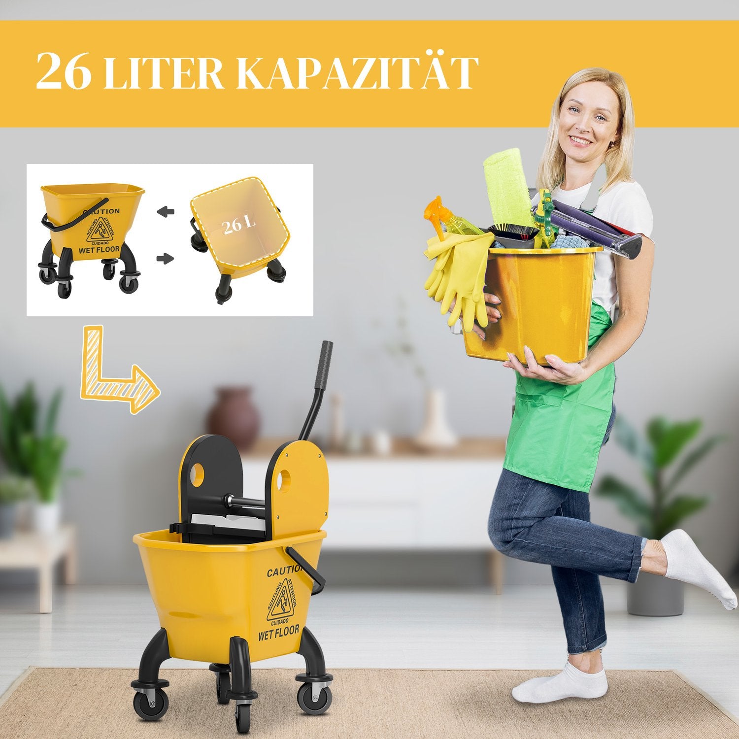 Úklidový vozík s 26l kbelíkem a mopem – žlutý