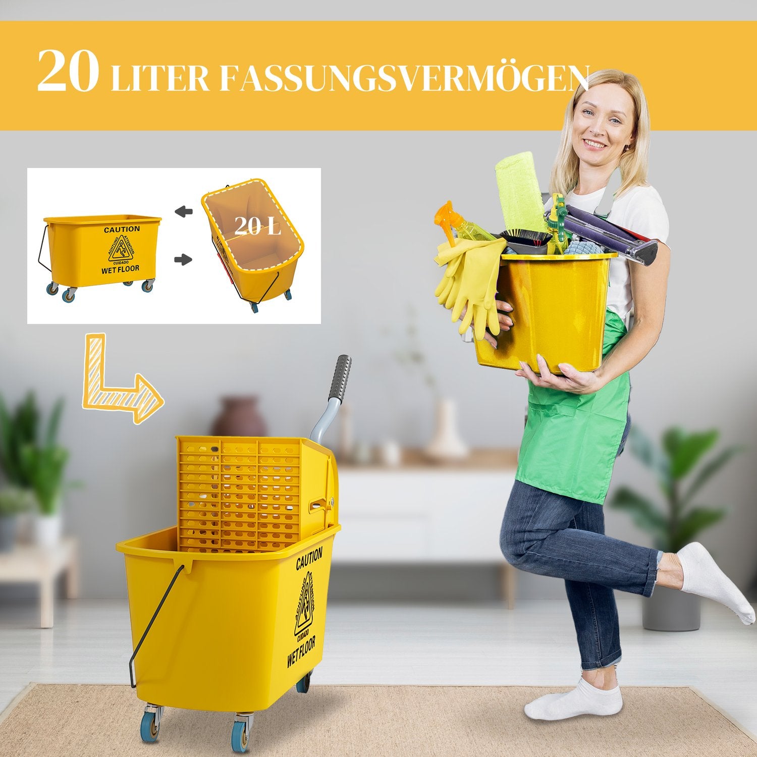 Rengöringsvagn med hjul, 20L Kapacitet, Gul
