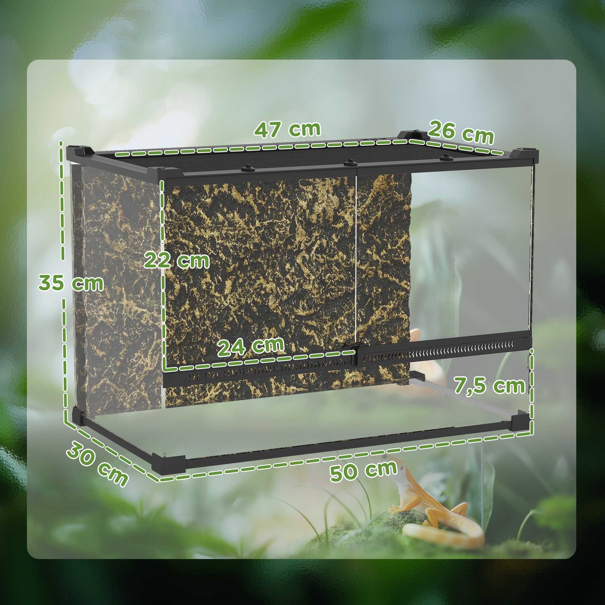 Reptilterrarium i glas 48 liter, ventilation framtill, 50x30x35 cm