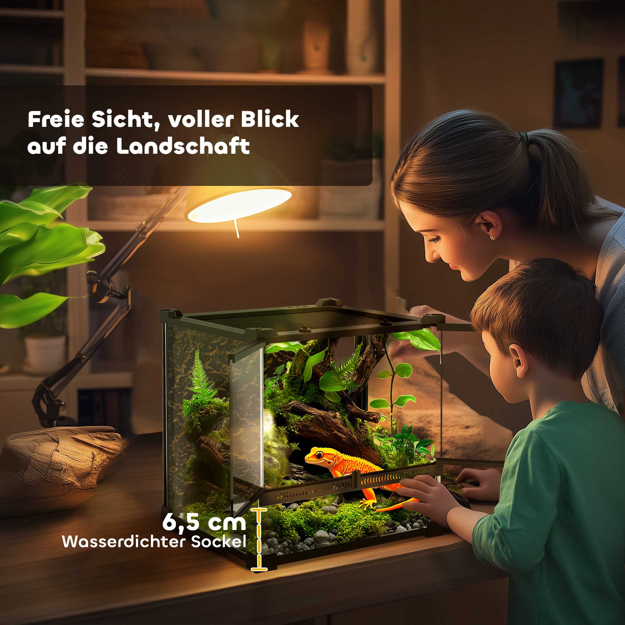 Reptilterrarium i glas, vattentät bas, säkert lås