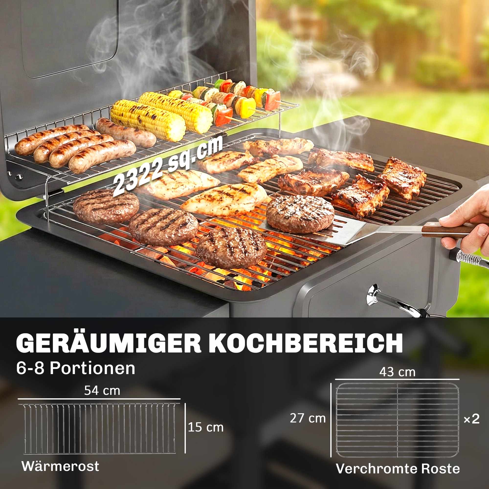 Rökgrill med kolgrill och justerbar kolpanna och termometer