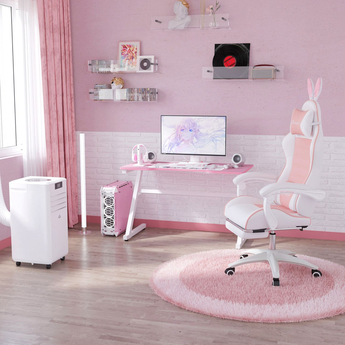 Růžové ergonomické herní křeslo s bederní opěrkou a podnožkou