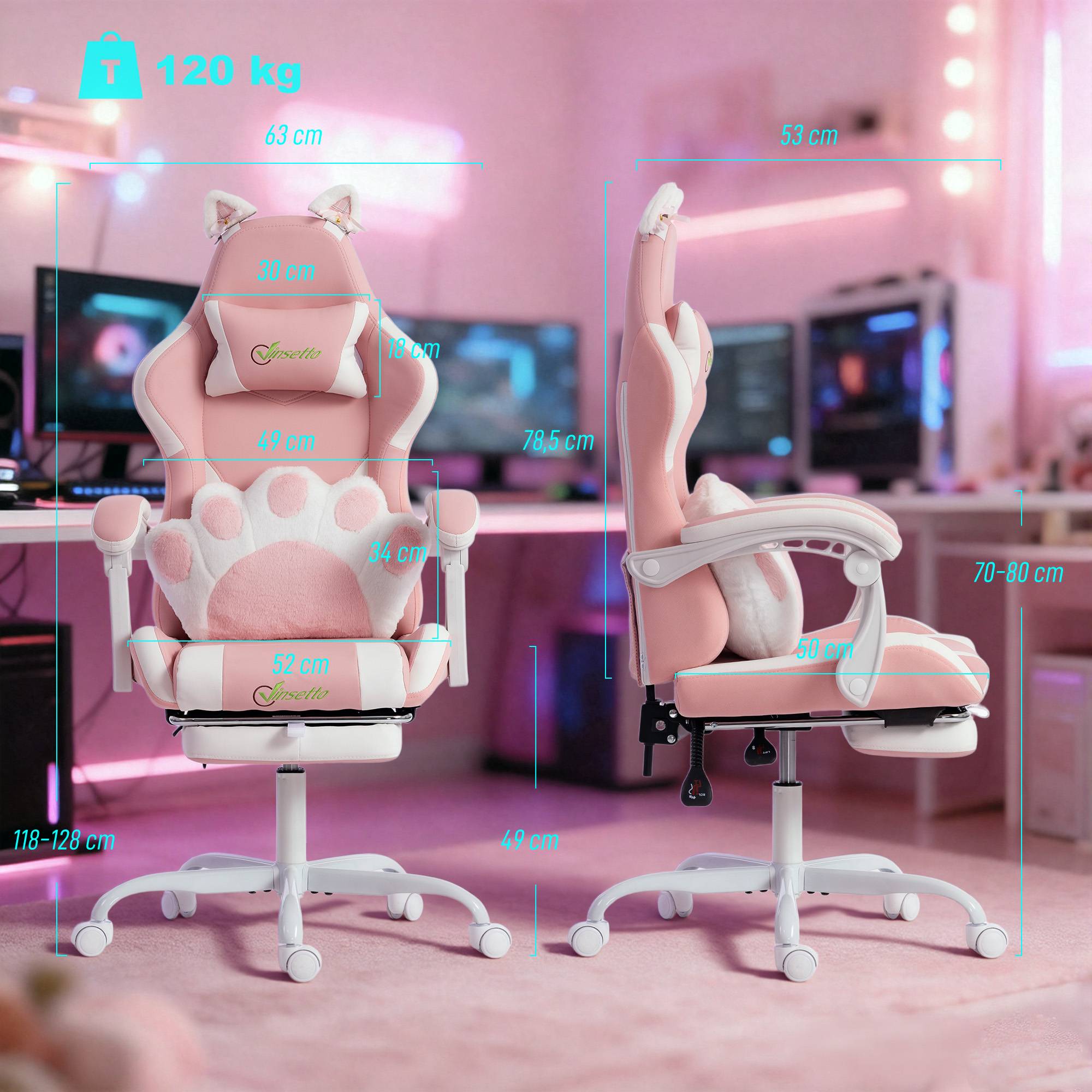 Rosa gamingstol med kattöron och ländryggsstöd