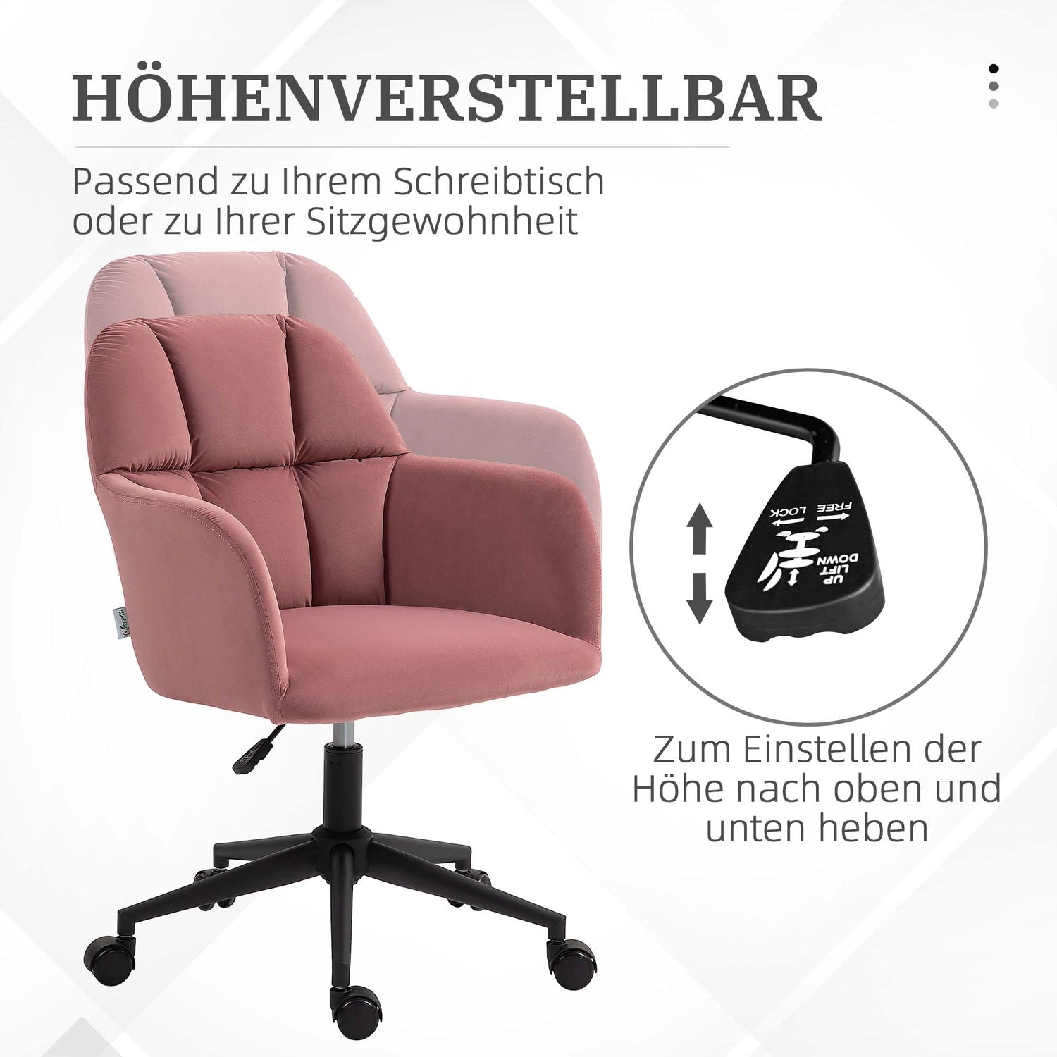 Rosa höjdjusterbar kontorsstol i sammet, kapacitet 120 kg