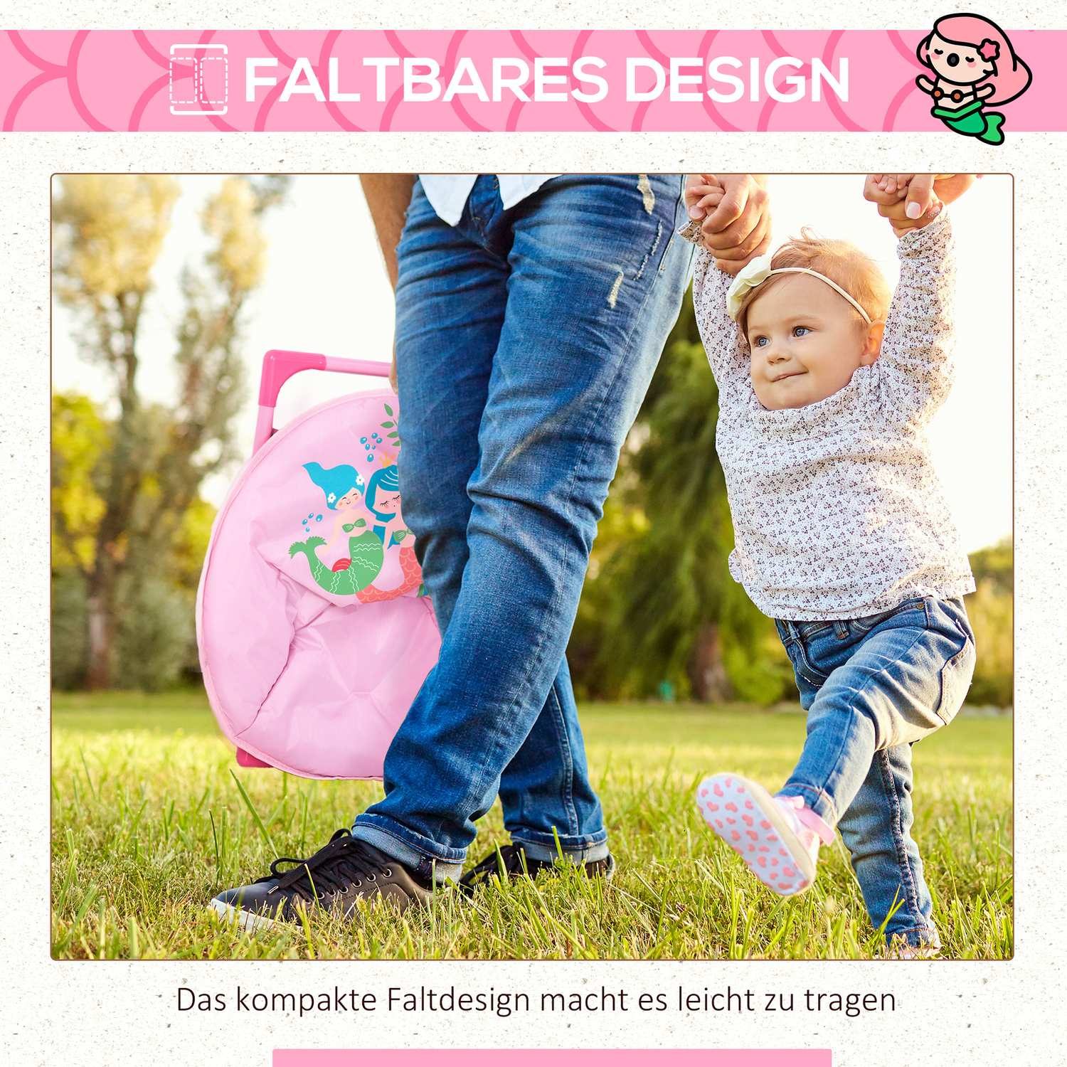 Rosa hopfällbar campingstol för barn, inomhus/utomhus, stål