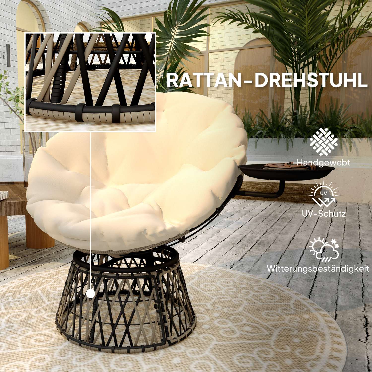 Otočné ratanové křeslo Papasan s polstrem, průměr 90 cm