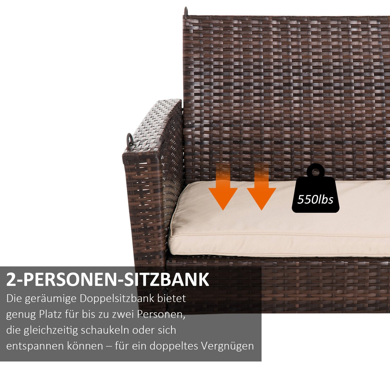 Rotting 2-sits trädgårdsgunga med dyna – brun, 127x57,5x60 cm