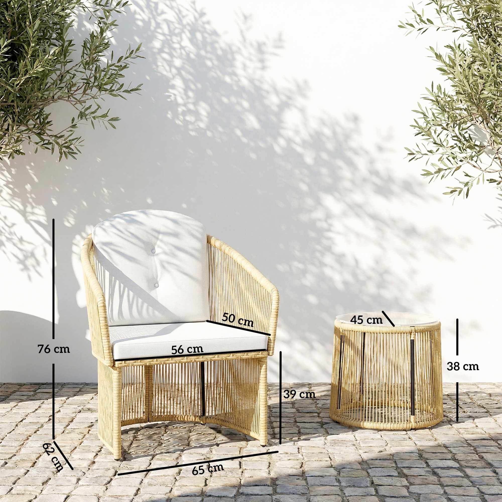 Rotting bistroset med kuddar – bord och 2 stolar