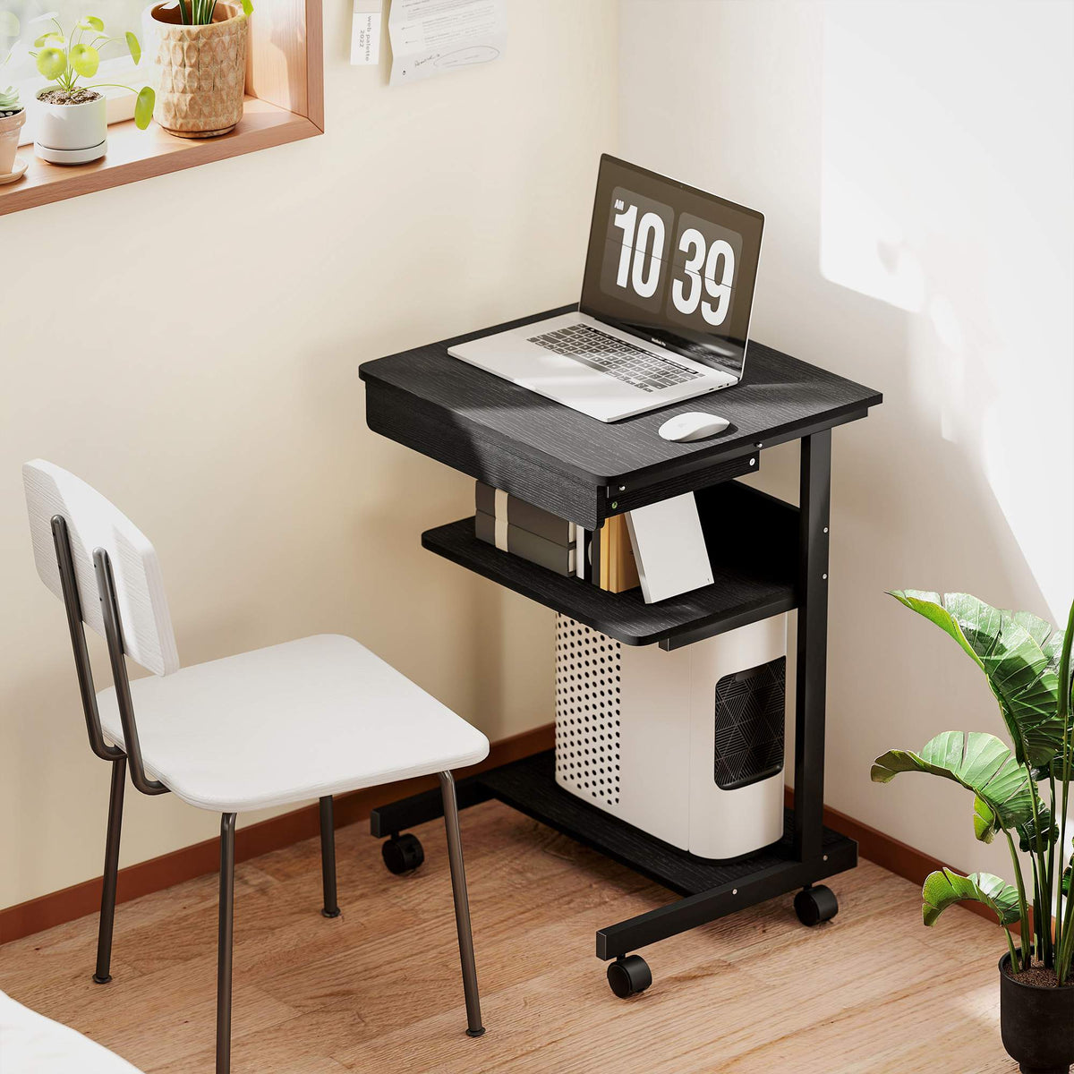 Pojízdný počítačový stůl se zásuvkou, policemi a uzamykatelnými kolečky