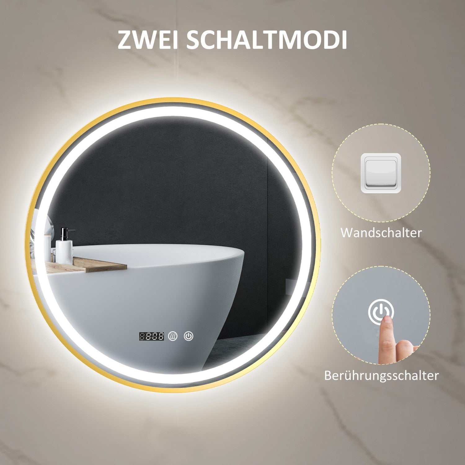 Kulaté LED koupelnové zrcadlo, nezamlžující se, 60cm, dotykový časovač