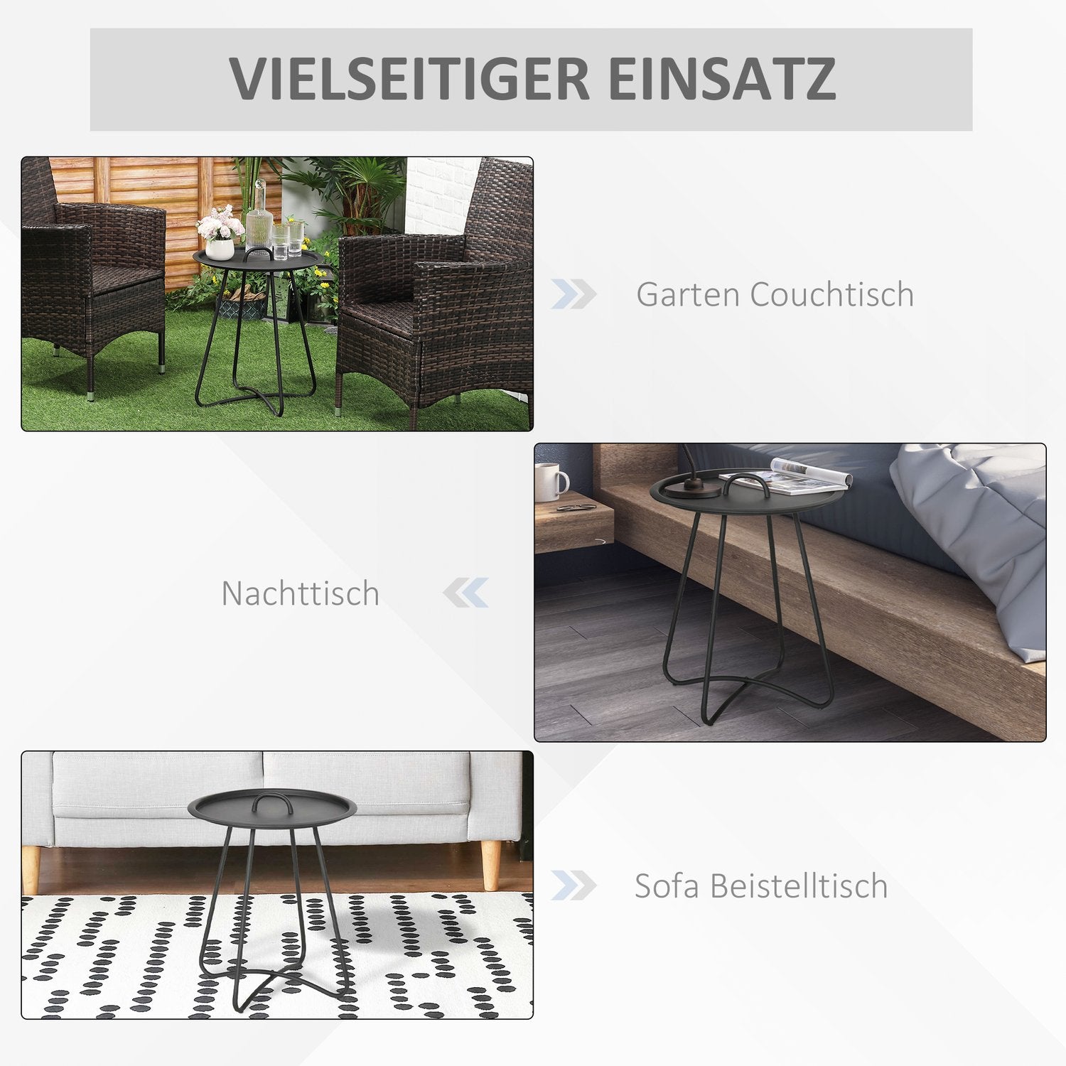 Runda svart metall sidobord med bärhandtag