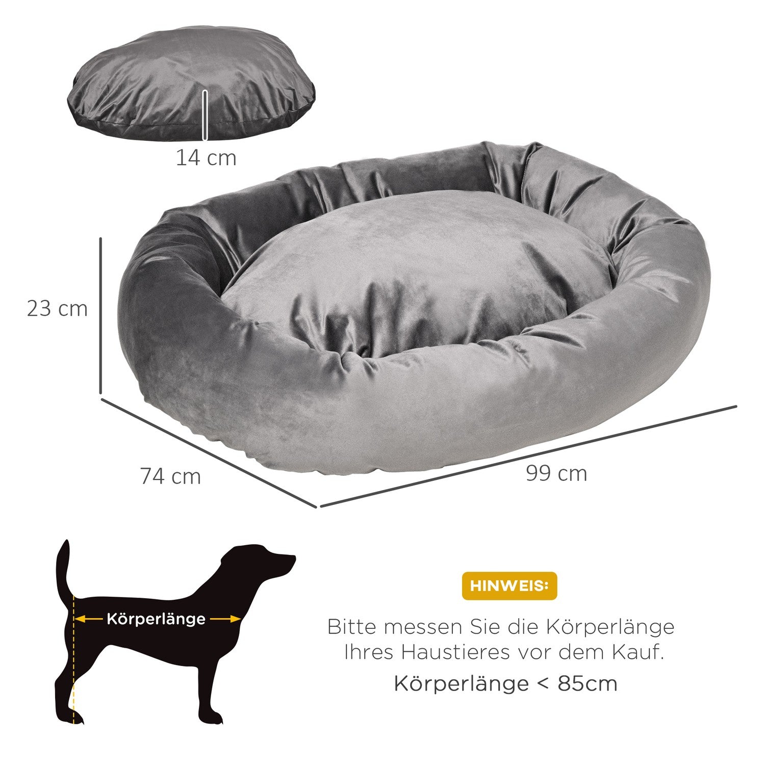 Rund hundsäng – sammetslen polyester, avtagbart överdrag, grå