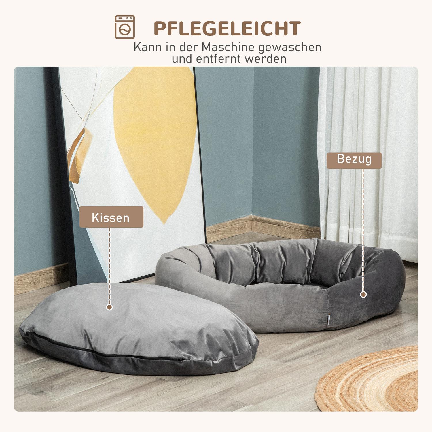 Rund hundsäng – sammetslen polyester, avtagbart överdrag, grå