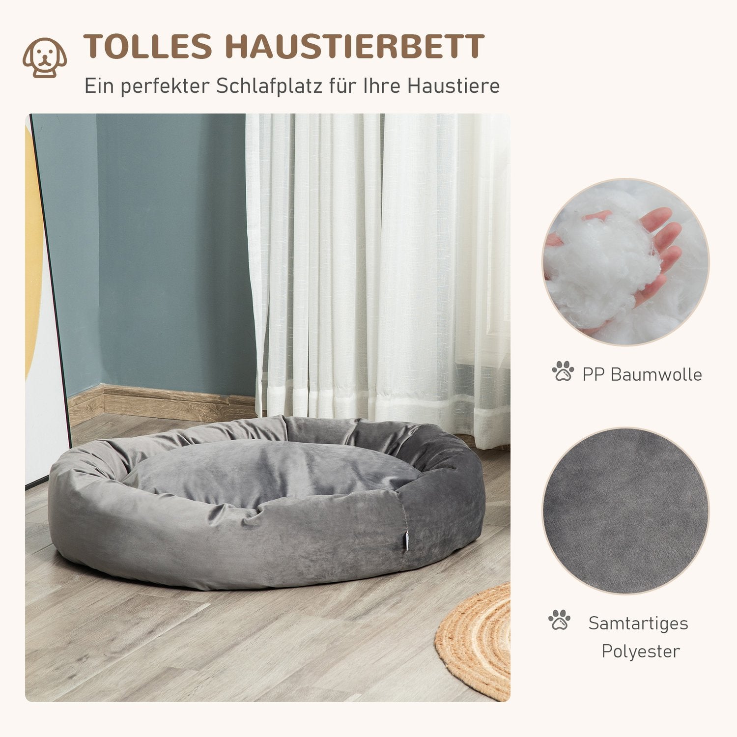 Rund hundsäng – sammetslen polyester, avtagbart överdrag, grå