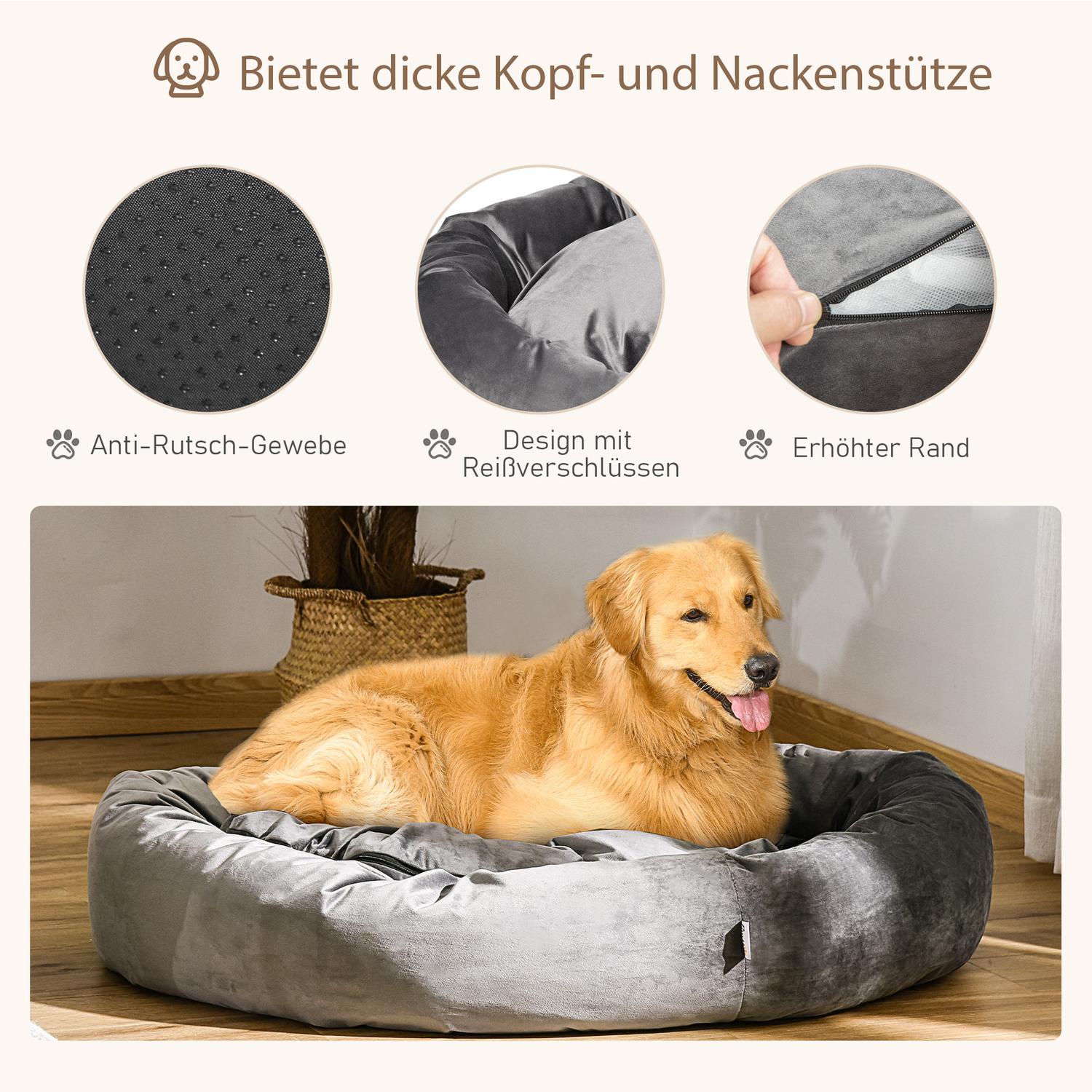 Rund hundsäng – sammetslen polyester, avtagbart överdrag, grå