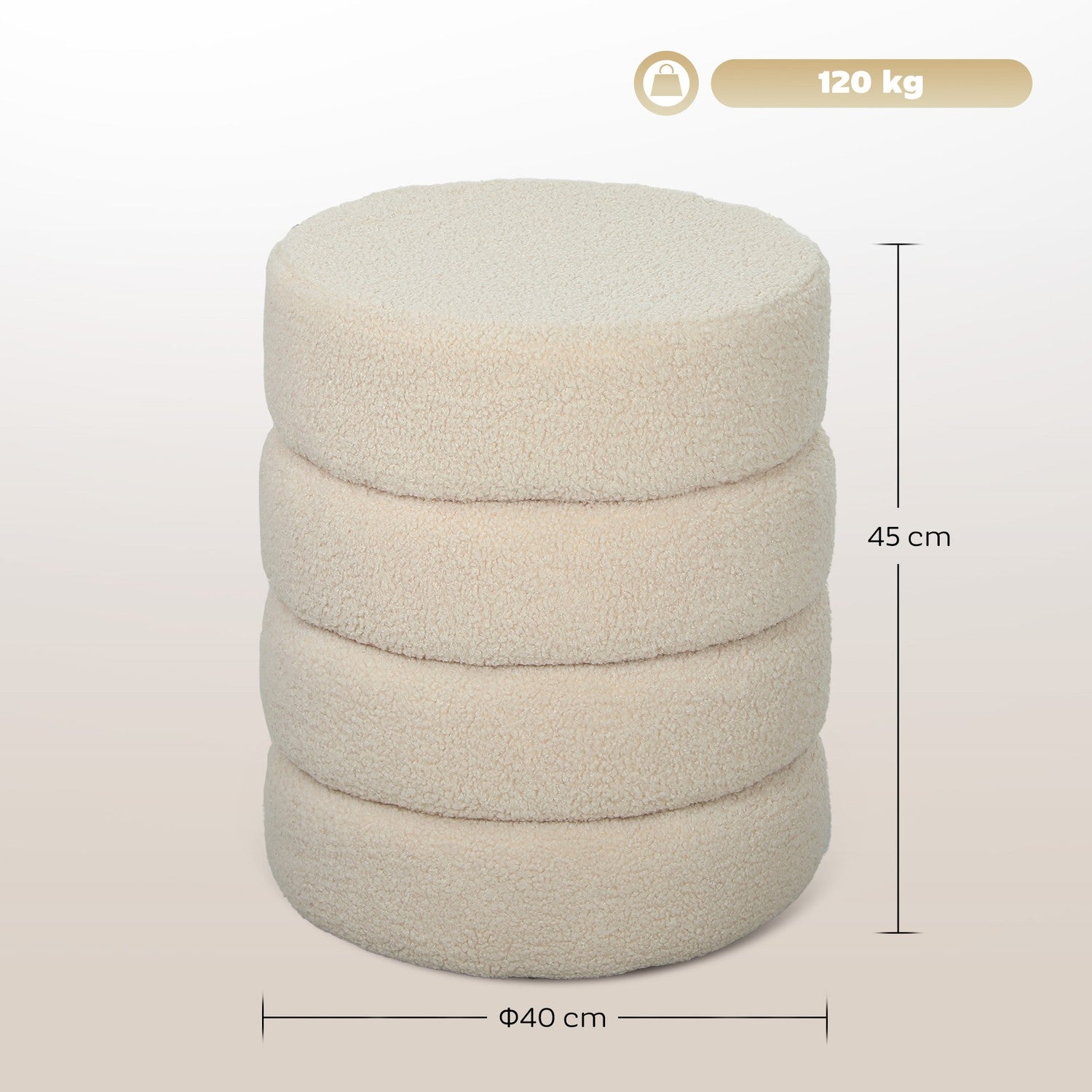 Rund ottoman, Teddy Fleece, 120 kg Kapacitet, Beige