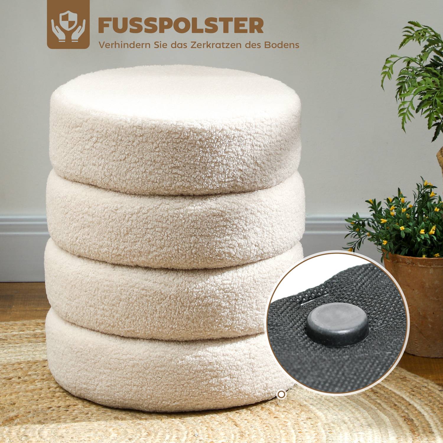 Rund ottoman, Teddy Fleece, 120 kg Kapacitet, Beige