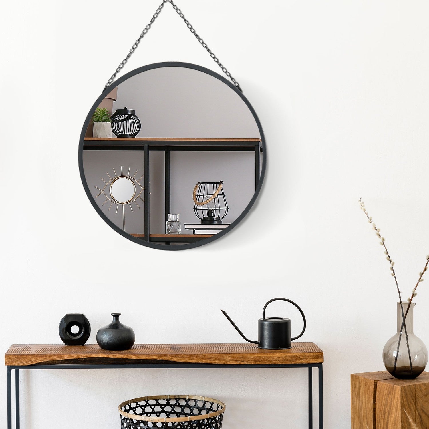 Rund väggspegel, sminkspegel, 50 Cm, svart metallram