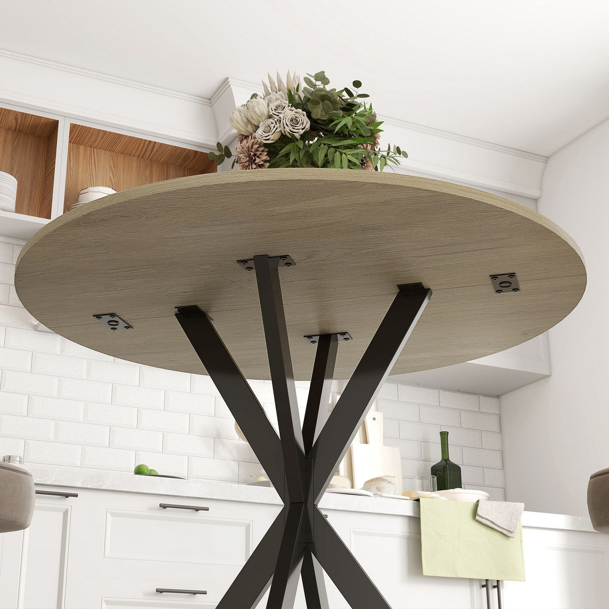 Kulatý kuchyňský stůl, 80 cm, kompaktní stolová deska, dřevotříska, kov, bílý dub+černá