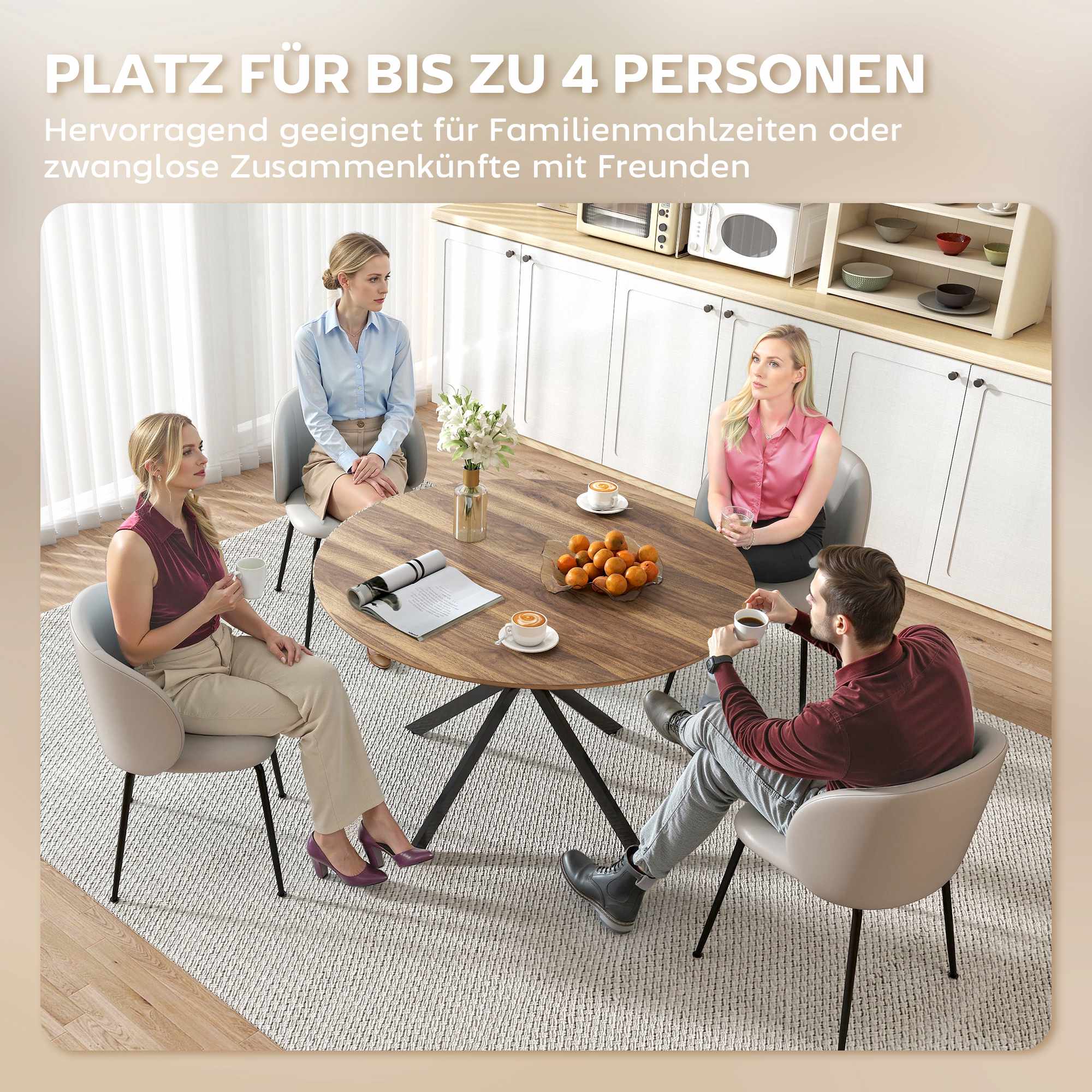 Runt matbord för 4, industriell stil, mörkbrun
