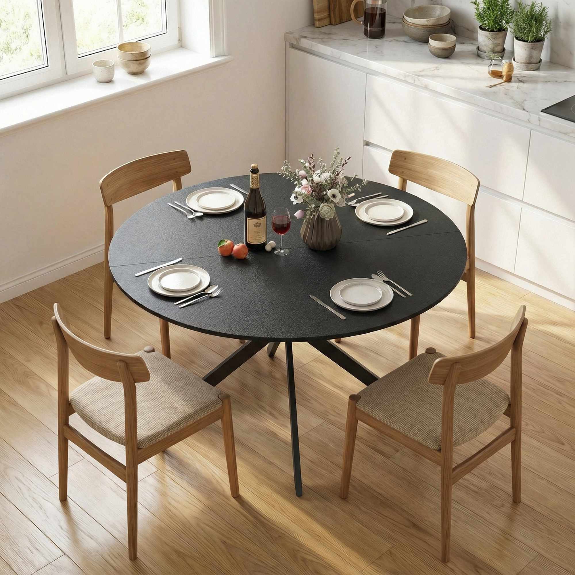 Runt matbord, träliknande yta, plats för 4, 120 cm