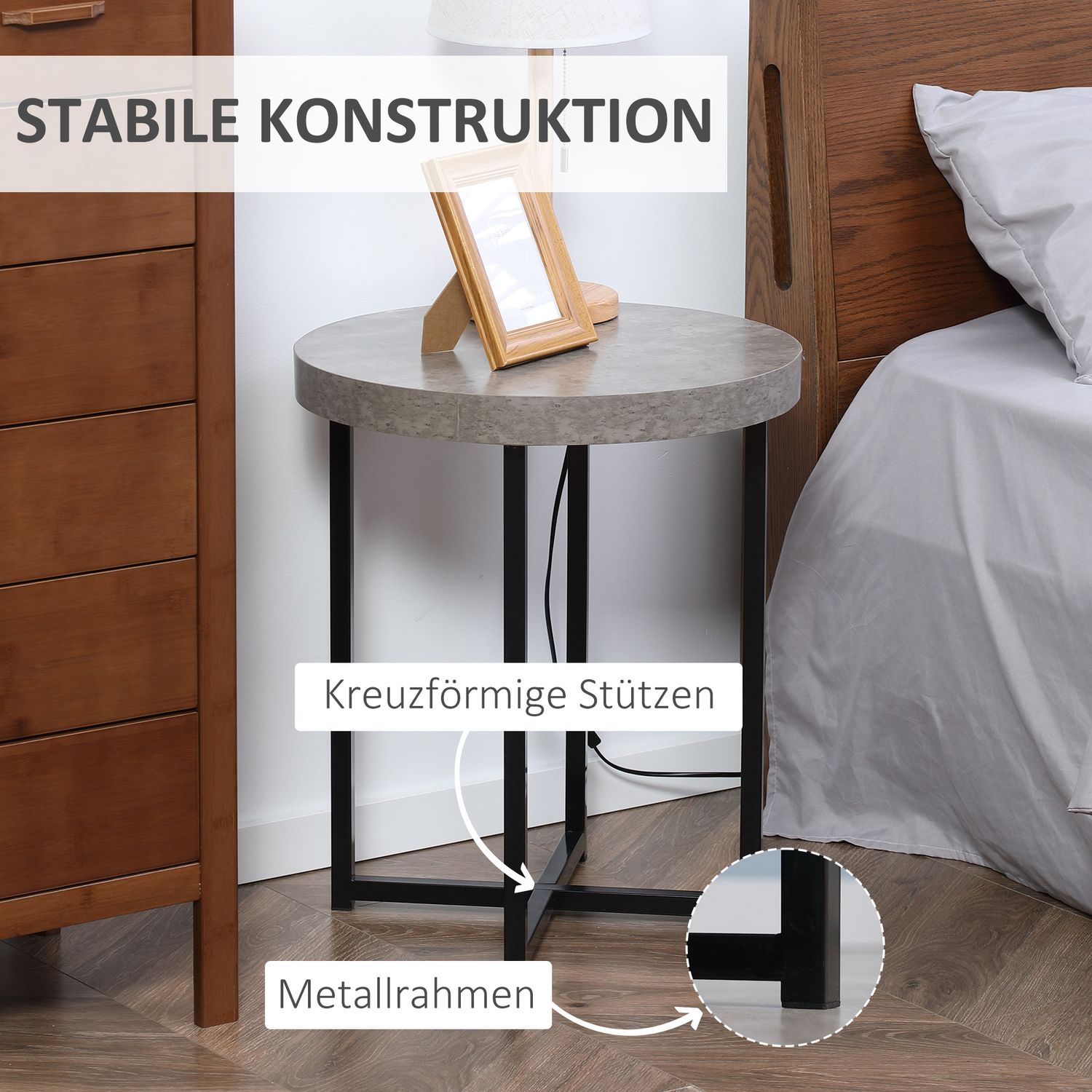 Runt sidobord i betonglook med öppen hylla, grå MDF