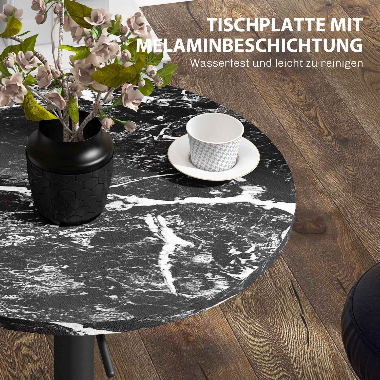 Runt svart matbord, marmor-look – justerbart Ø60 x 68-93,5 cm