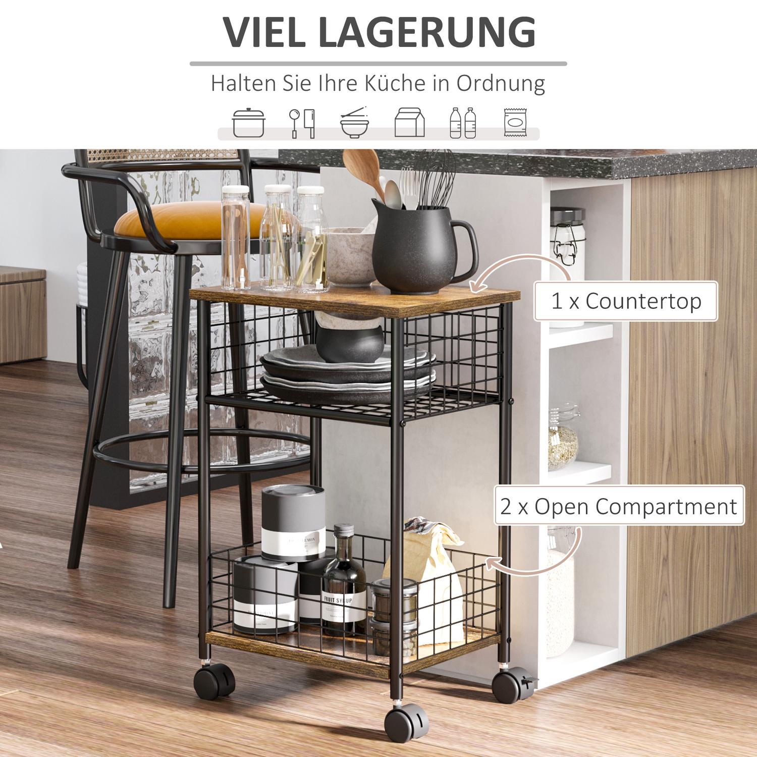 Rustik brun köksvagn, 2 förvaringskorgar, svängbara hjul