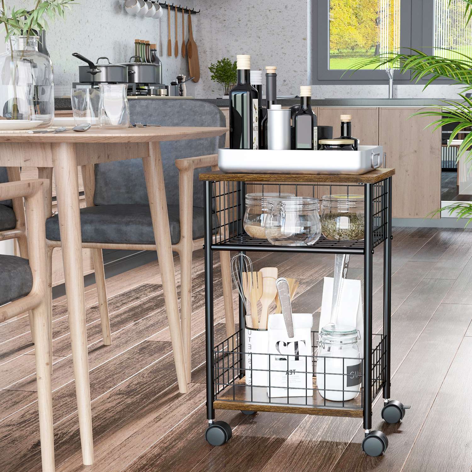 Rustik brun köksvagn, 2 förvaringskorgar, svängbara hjul