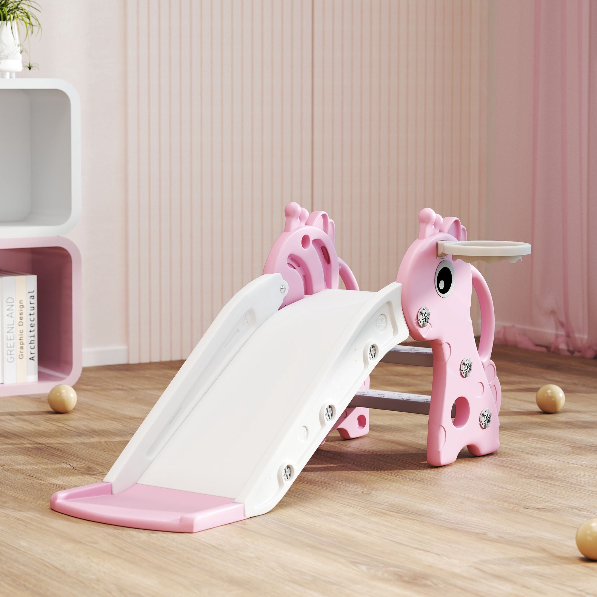 Rutschkana med basketkorg för småbarn, giraffdesign, rosa