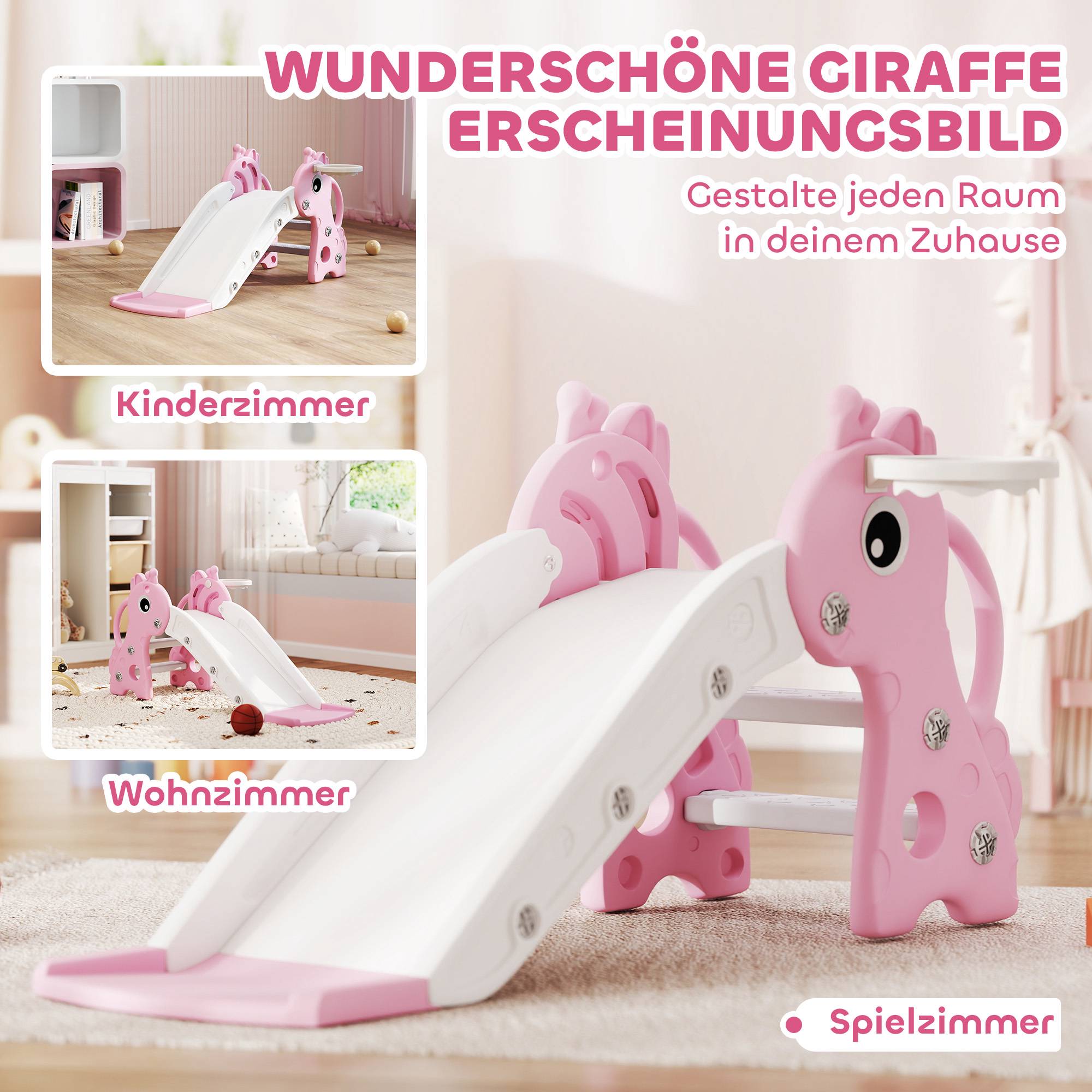 Rutschkana med basketkorg för småbarn, giraffdesign, rosa