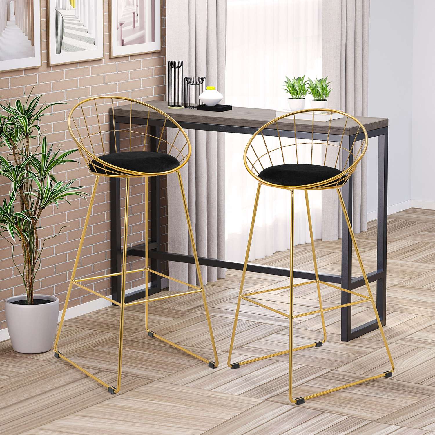 Sammetsbarstolsset, kökspallar med ryggstöd, guld/svart