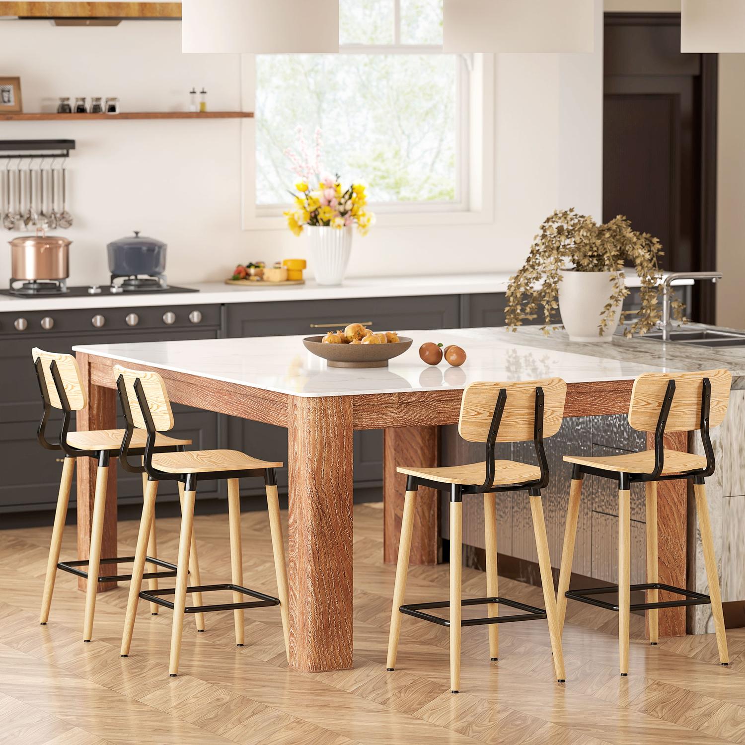 Set med 2 barstolar med ryggstöd, barstolar för hemmabar, köksö, matsal, trä, metall, ljusbrun
