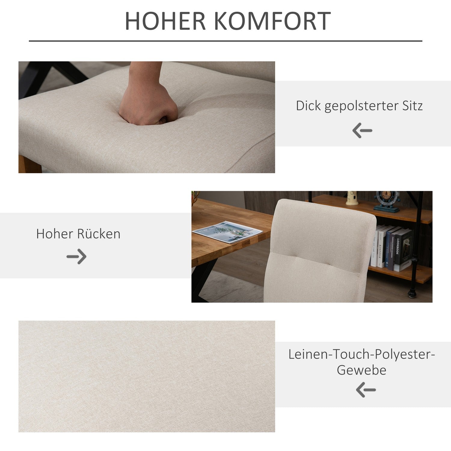 Set med 2 beige matstolar, vadderad sits, linneblandning