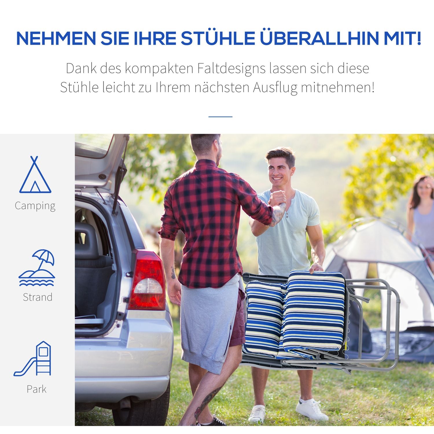 Set med 2 blå solstolar, hopfällbara och justerbara