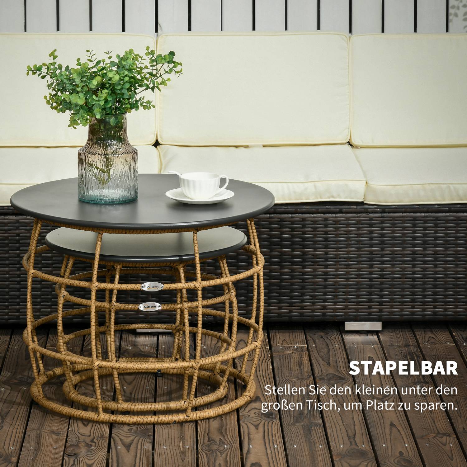 Set med 2 handvävda sidobord, Ø46+Ø60 cm, sandfinish
