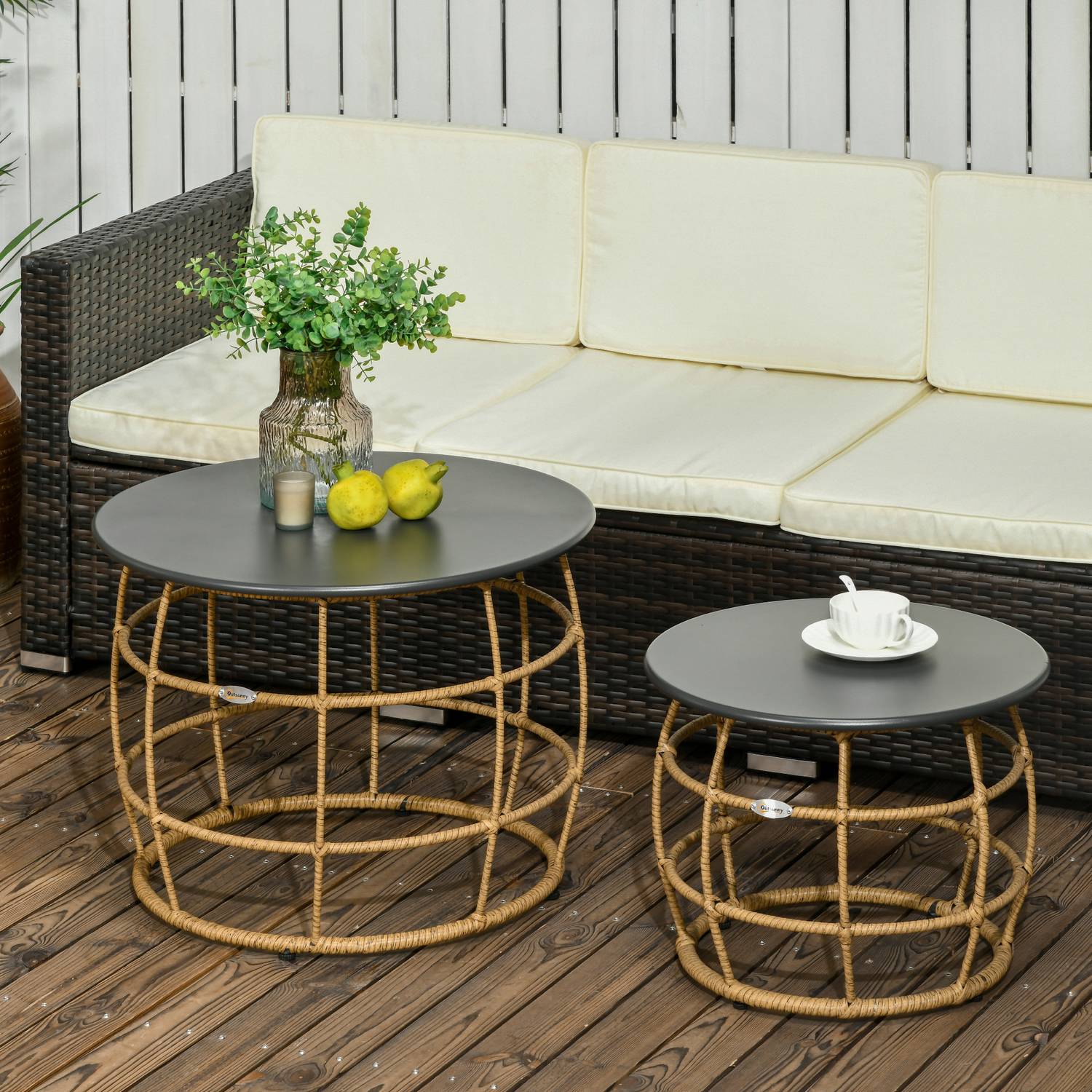 Set med 2 handvävda sidobord, Ø46+Ø60 cm, sandfinish