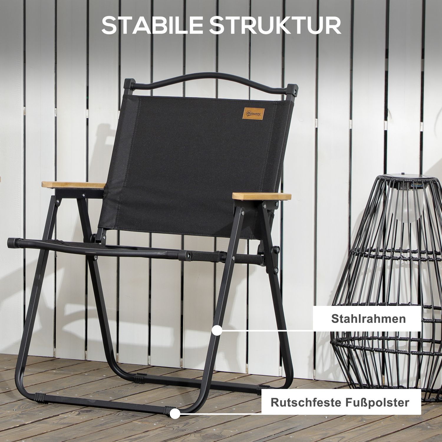 Set med 2 hopfällbara campingstolar, svart stålram