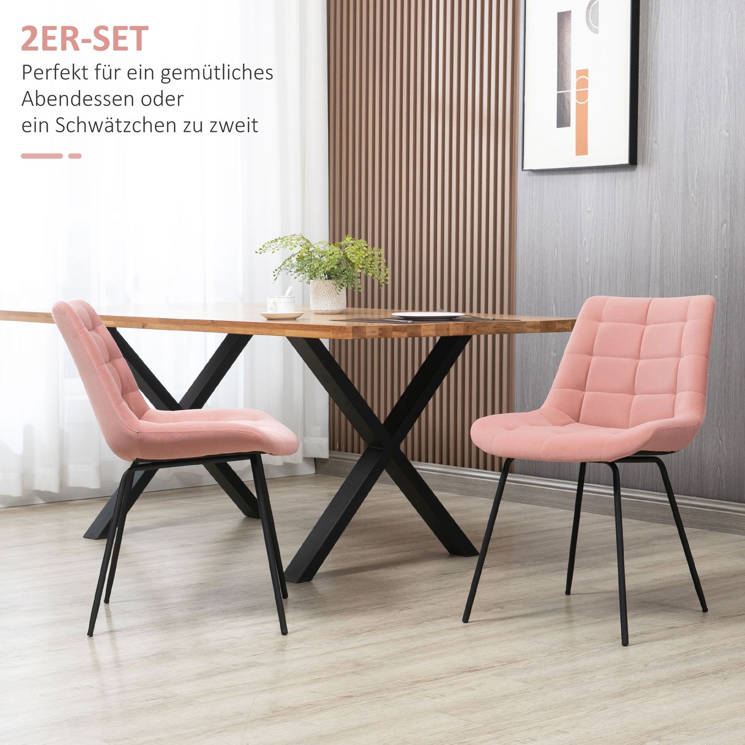 Set med 2 matstolar i sammet, rosa, retrodesign, stålben