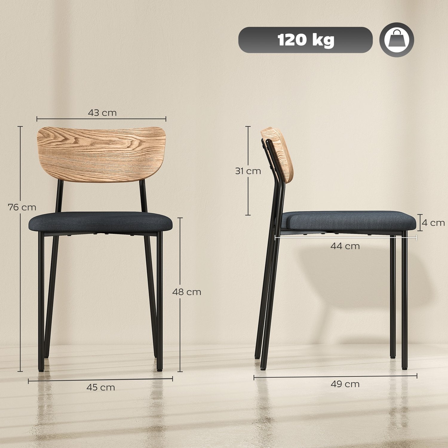 Set med 2 matstolar, linnelook, armlös design, metallben, grå