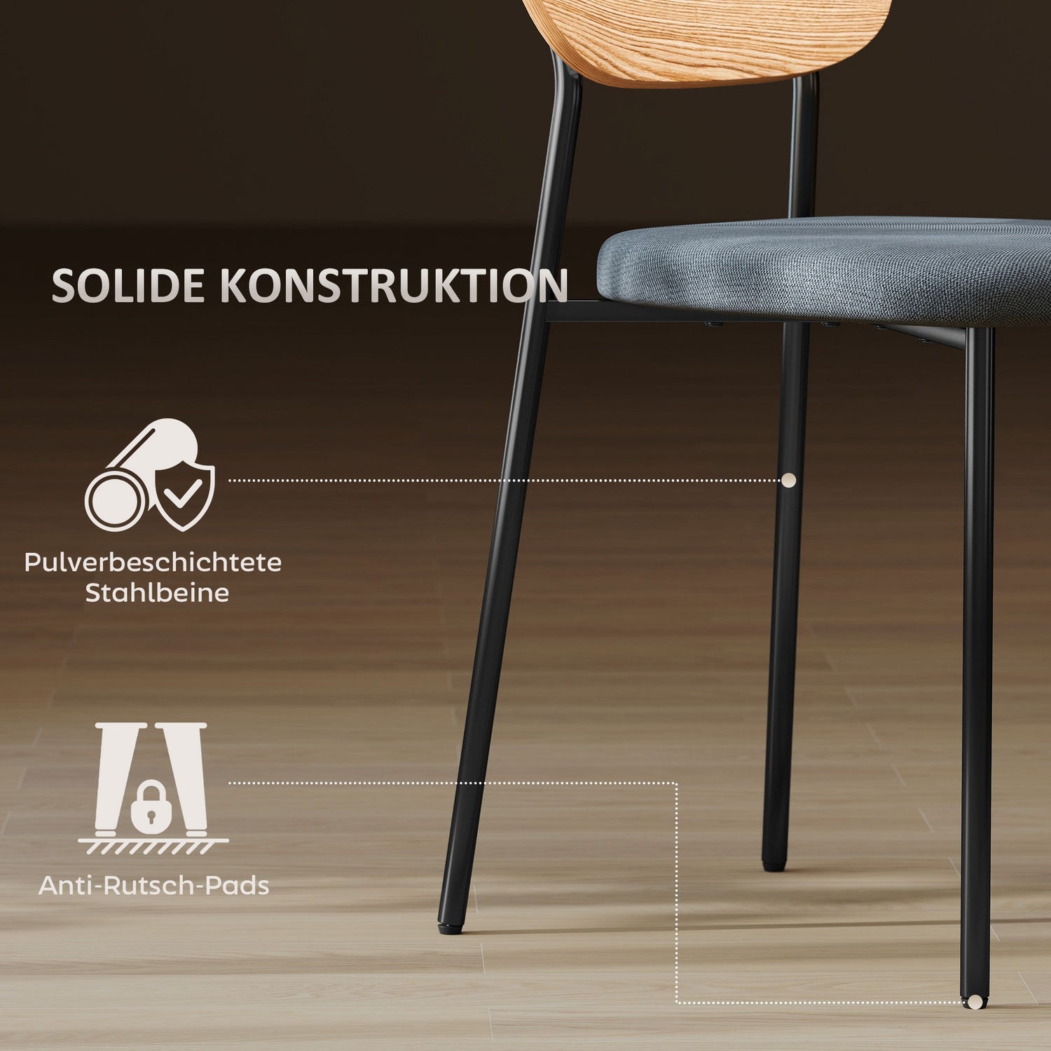 Set med 2 matstolar, linnelook, armlös design, metallben, grå